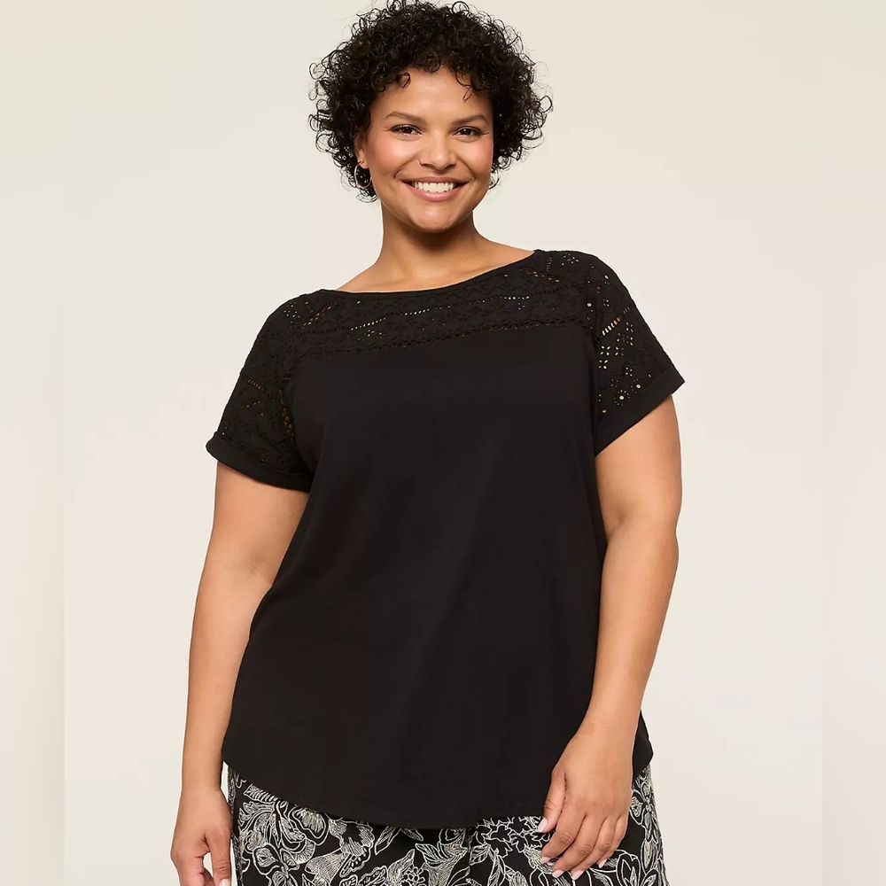 Lane Bryant Black Eyelet-Detail Boatneck Tee Plus Size 18/20